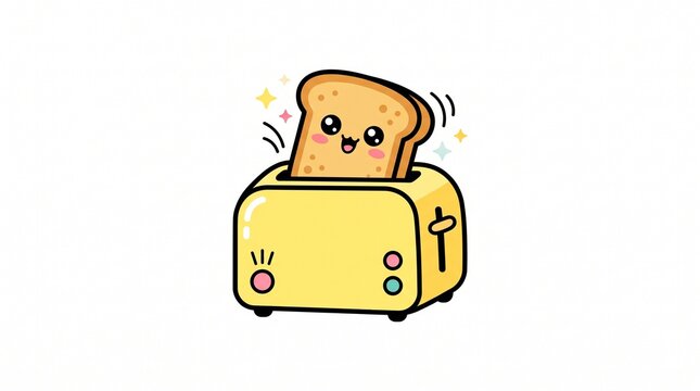 Cute cartoon toaster character popping up a happy bread slice featuring vibrant yellow colors and sparkling stars drawn in flat vector style on white background