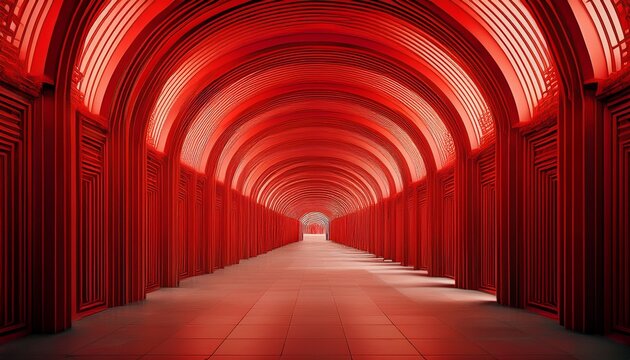 red arches in a long corridor