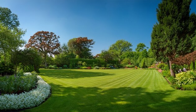 a serene well maintained garden with lush green grass surrounded by a variety of trees and shrubs under a clear blue sky