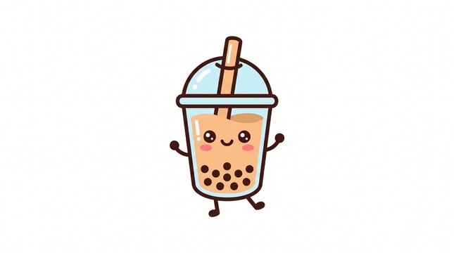 Cute bubble tea mascot character showing a joyful expression with tapioca pearls inside a clear plastic cup featuring vibrant colors and clean lines on white background