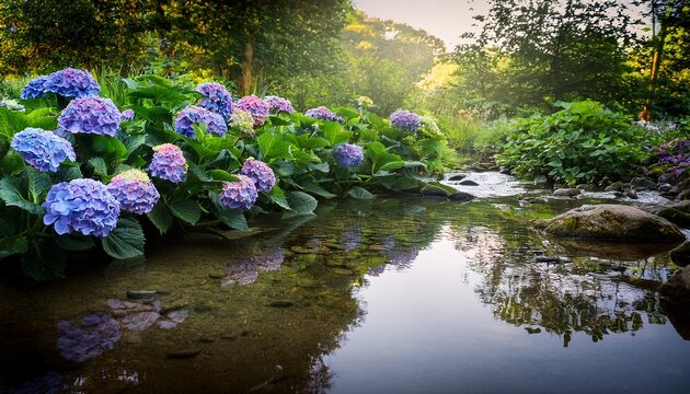 refreshing garden stream with blue and purple hydrangeas soft sunlight tranquil water reflections lush greenery serene and vibrant peaceful and picturesque scene