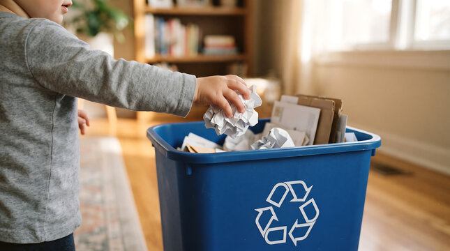 Young child disposing of recyclable materials in home bin with recycling container environment sustainability disposal responsible conservation household reusable