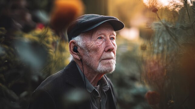 Elderly man wearing a vintage flat cap and earbuds listens to music outdoors during sunset