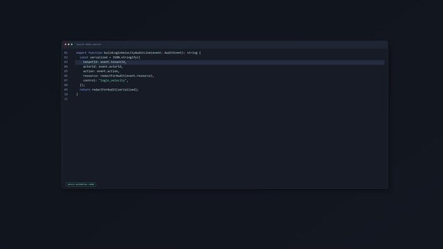 Clean developer tool interface animation with policy code, security automation status, subtle motion and large horizontal UI layout.
