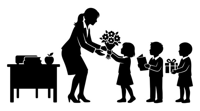 Students giving gifts and flowers to their teacher appreciation silhouette