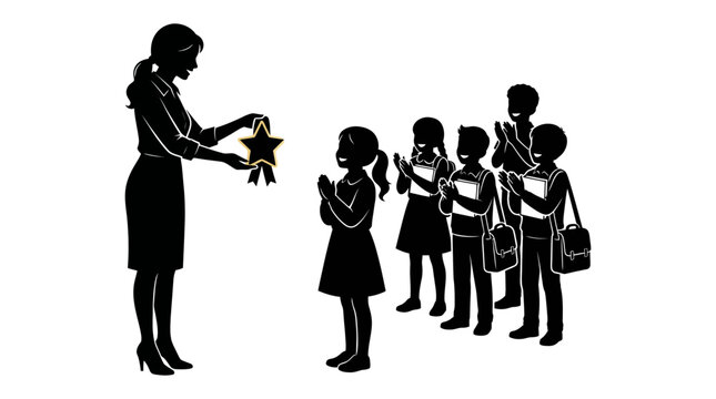 Teacher presenting a star award to a student in a classroom setting