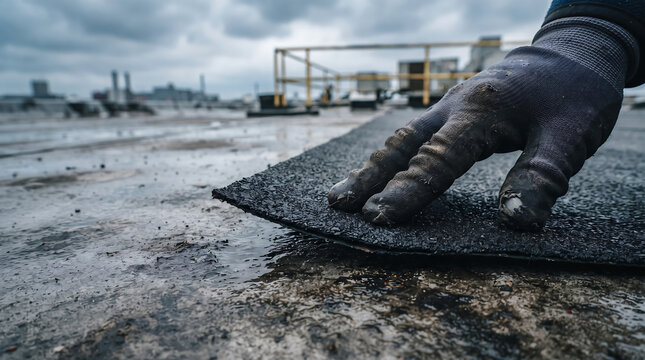 Worker in protective gloves installing bituminous waterproofing membrane on flat industrial roof surface for building protection against moisture and water leakage