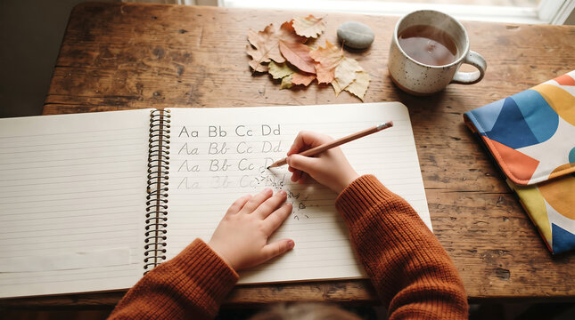 Child's hands learning cursive alphabet on notebook with pencil, autumn leaves, cup of tea, educational, learning concept.