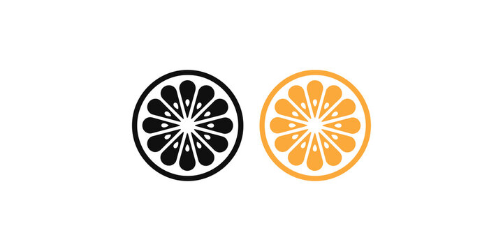 Two juicy orange fruit slice icons, black and white outline and filled styles, for food and beverage design isolated on transparent.