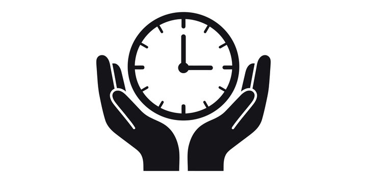 Two hands holding a clock symbolizing time management and preservation, black icon.