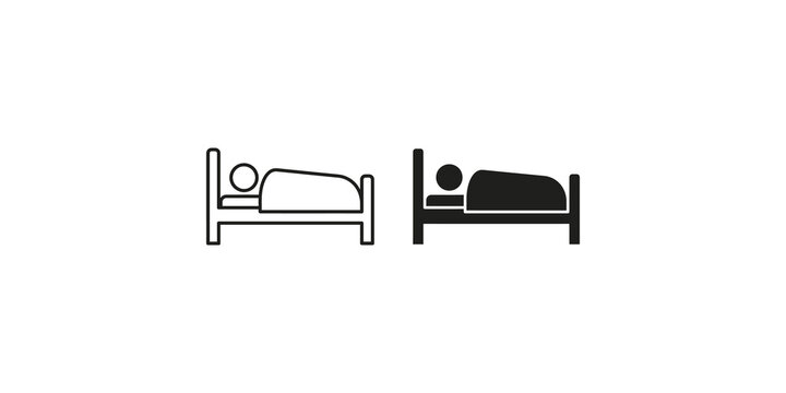 Black outline and solid bed icon set for hotel accommodation and sleep.