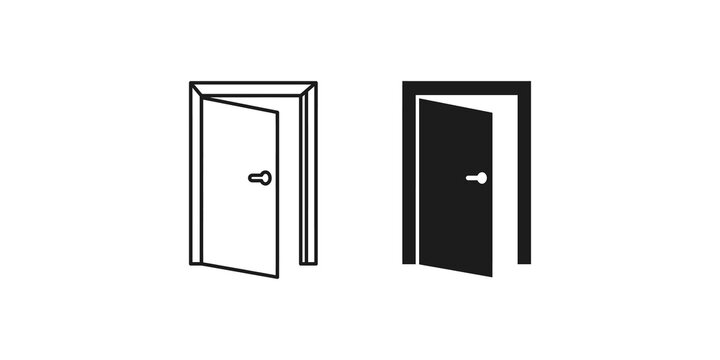 Open door icon in both line art and solid black styles on a transparent background.