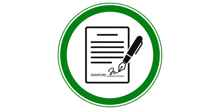 Contract signing icon with fountain pen and green circular border for legal business documentation.