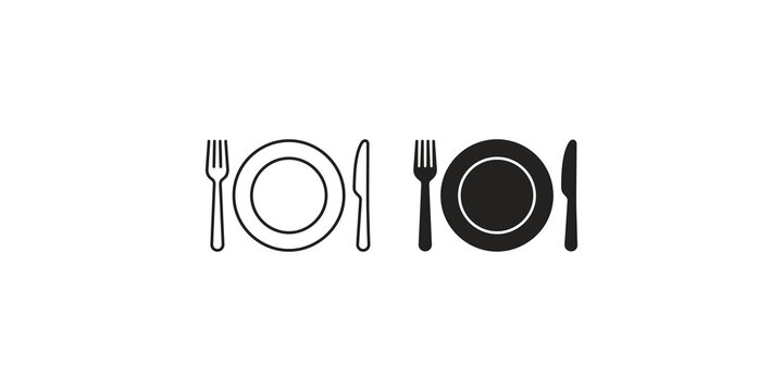 Black dining cutlery and plate icons for restaurant menus and food service signs.
