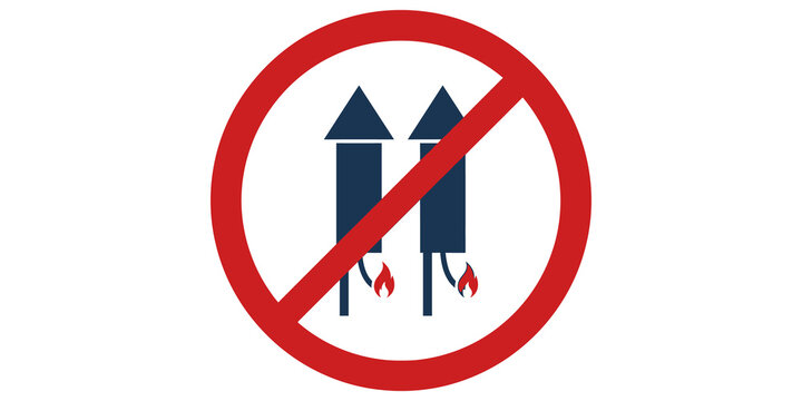 Prohibited fireworks and explosives symbol with red circle and slash icon for safety regulation awareness.