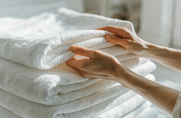 Obraz premium A person carefully folding freshly laundered white clothes in a cozy home environment showcasing the joy of maintaining a neat and organized living space