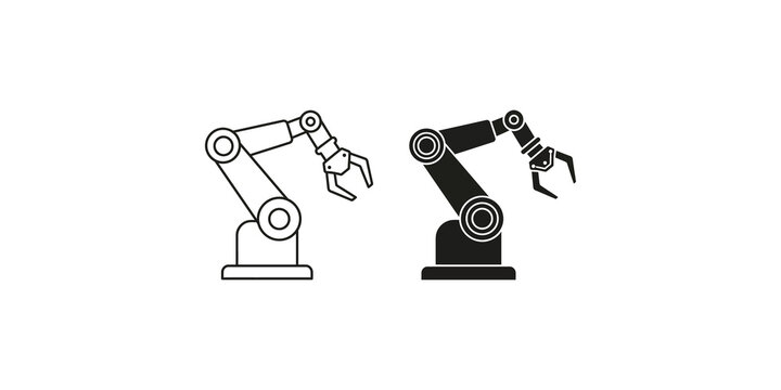 Industrial robotic arm icons in outline and solid black styles for automated manufacturing and engineering vector design.