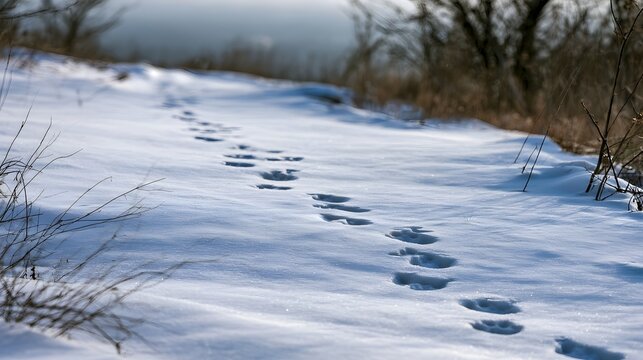 Animal footprints trail through fresh snow on a quiet winter landscape with bare branches and soft light
