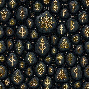 Halloween Seamless Pattern with Glowing Golden Magic Runes and Mystical Wiccan Symbols on Dark Stones Background