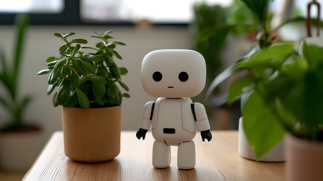 A small white robot toy stands on a wooden table beside potted green plants in a softly lit indoor setting