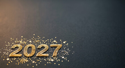 Fototapeta premium Luxurious 2027 Gold Sequin Number and Glitter on Dark Grey Texturered Background