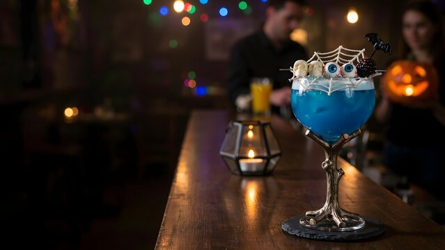 Elegant blue cocktail in martini glass with festive Halloween party lights and blurred bar background