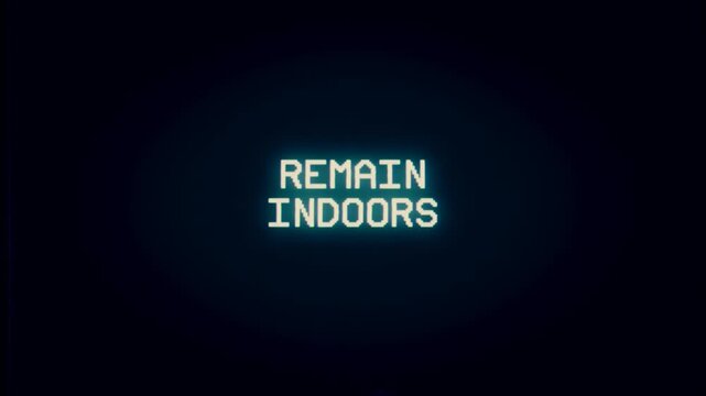 Intentional analog VHS distortion effect: ominous emergency broadcast displays the warnings This is not a test, Remain indoors, Do not look outside and Shelter immediately.
