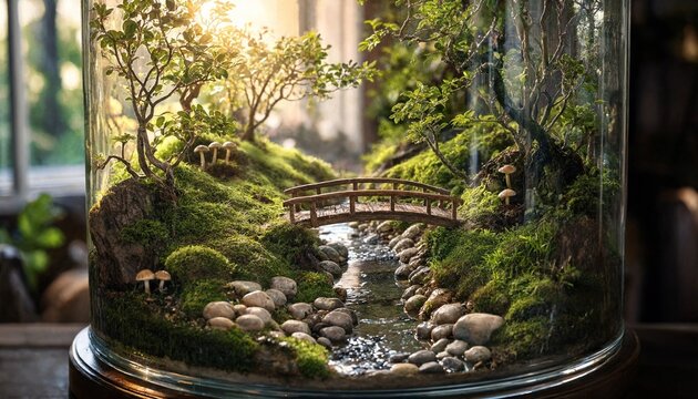 Lush green forest with small wooden bridge and stream inside a glass terrarium
