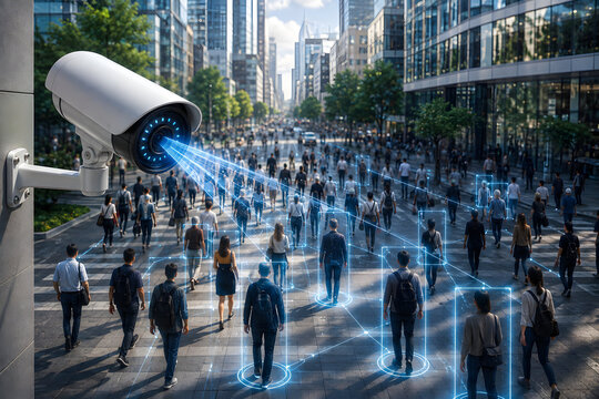 Futuristic AI security camera analyzing crowd movement in a smart city