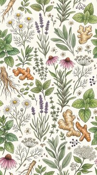 Medicinal herbs and roots pattern background illustration with medicinal botanical wellness background alternative lavender illustration wallpaper agriculture apothecary traditional