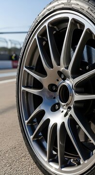 Close up view of a car wheel on pavement.