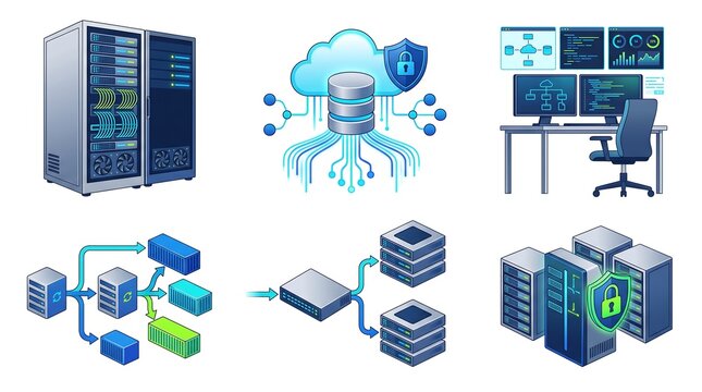 Server Rack Cloud Database DevOps Workstation Docker Containers Network Switch and Secure Servers Elements Set, Symbol of Data Center Infrastructure Concept