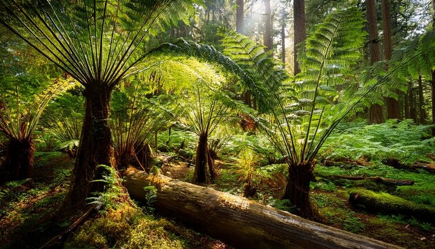 Lush Fern Forest Towering Tree Ferns Create A Dense Green Canopy In A Sun Dappled Forest With Fallen Logs And Mossy Ground Adding To The Mystical