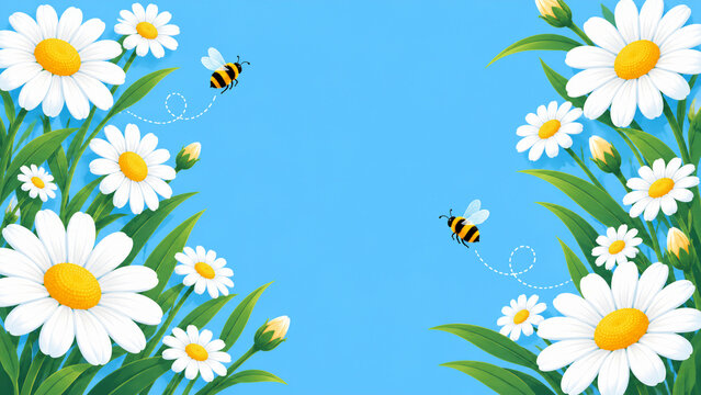 Happy spring background with white daisies and bees