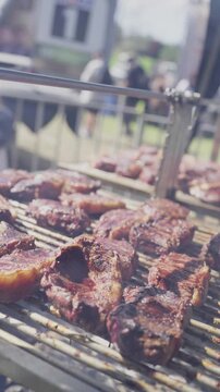 Grilled Meat Skewers and Sausages Cooking on Outdoor Barbecue Grill