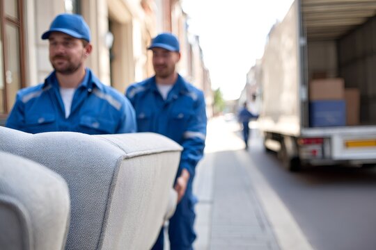 Two movers in blue uniforms carrying sofa on street. Delivery men moving furniture to truck. Relocation service concept