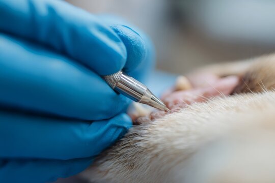 Close-up of veterinarian removing tartar from dog teeth. Vet using dental scaler tool for canine oral hygiene procedure