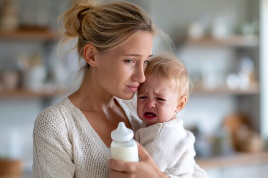 Exhausted mother holding a screaming baby and milk bottle in a kitchen. Postpartum stress and difficult parenting