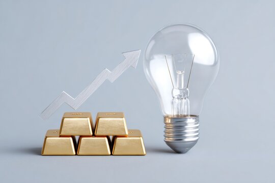 Light bulb with gold bars and upward arrow. Rising energy prices concept