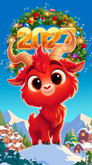 Fototapeta premium A cute little goat character for children and the 2027 Chinese New Year celebration. Perfect for a greeting card or a festive banner honoring the Year of the Goat.