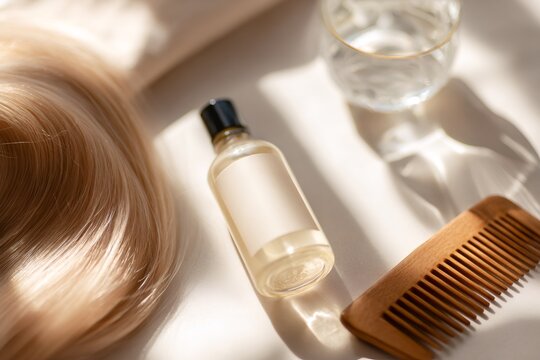 Hair care product mockup with glass bottle and wooden comb. Blonde hair extension and water glass flat lay