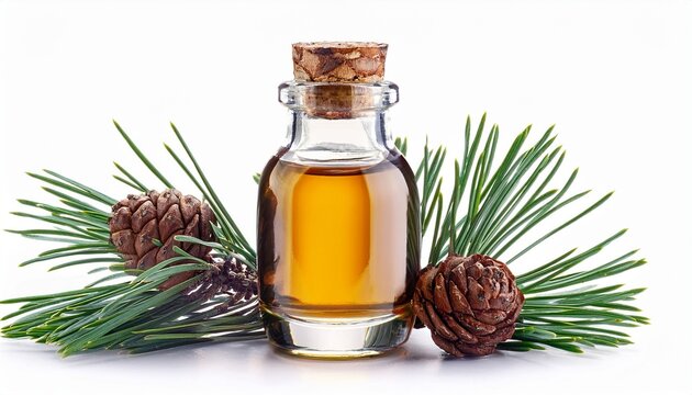 Pine Essential Oil In Glass Bottle With Dropper Pinus Mugo Isolated On White Background
