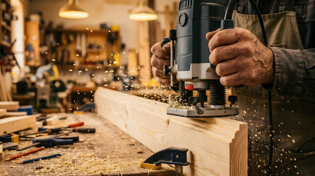 Woodworker holding a handheld plunge router to cut a decorative ogee profile edge along a clamped pine timber plank with flying wood dust.