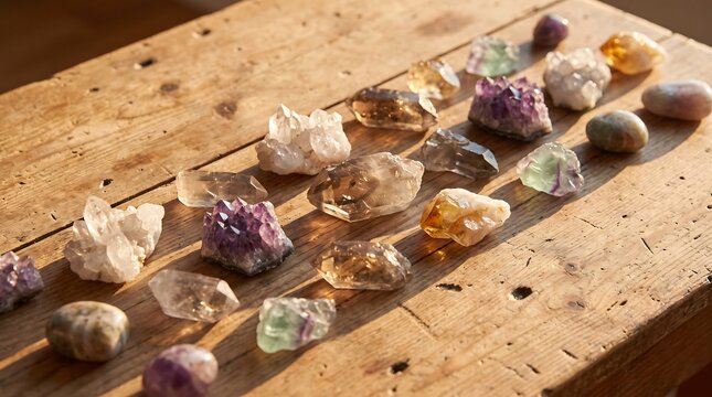 Various natural crystal gemstone specimens including amethyst quartz smoky quartz and citrine arranged on weathered wooden rustic table under warm morning light.