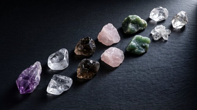Group of assorted rough raw crystal gemstones including amethyst rose quartz and green aventurine arranged on dark textured slate stone background for display.