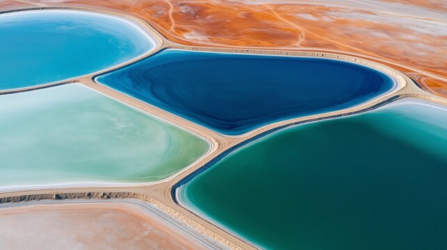 Aerial Top View of Bright Turquoise Lithium Evaporation Ponds in Desert, Concept of Renewable Energy, EV Battery Raw Materials, Mining Industry, and Environmental Impact
