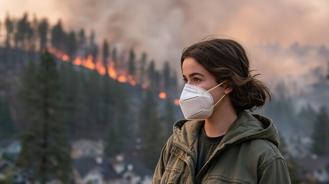 Young Woman Wearing N95 Respirator Mask Facing Wildfire and Heavy Smoke Approaching Residential Area, Concept of Air Pollution, Climate Change Crisis, Natural Disaster, and Health Protection