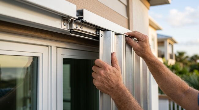 Close Up of Hands Installing Metal Accordion Hurricane Shutter on Top Aluminum Track over Window, Concept of Storm Protection, Home Maintenance, DIY Repair, and Extreme Weather Preparedness