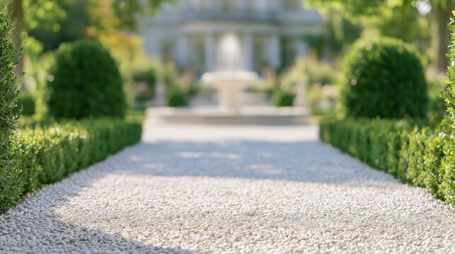 Light Gravel Pathway Through Manicured Formal Garden, Excellent for Landscape Design, Garden Architecture and Luxury Estate Landscaping