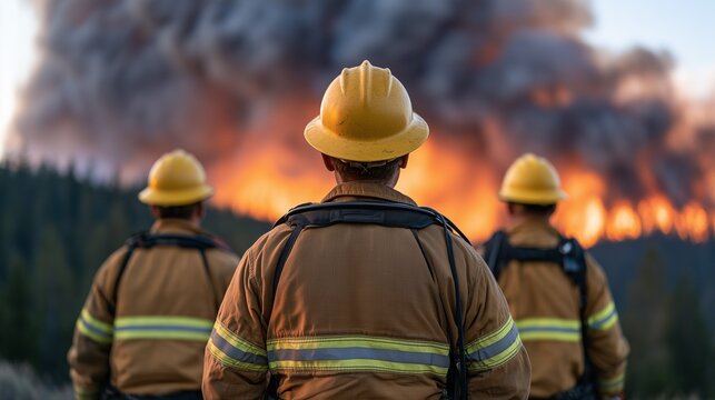 Wildland Firefighters Facing Large Forest Wildfire, Excellent for Emergency Response, Fire Suppression and Natural Disaster Preparedness